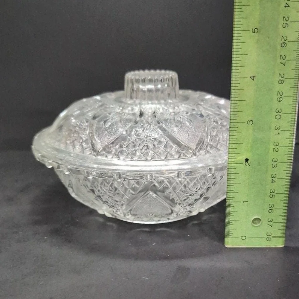 Pasari Indonesia Lidded Candy Dish, Hearts &‎ Flowers Pattern, Pressed Glass Jar